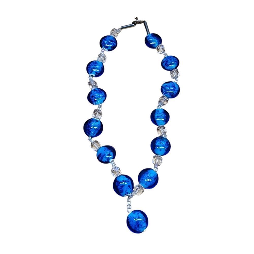 Blue & Clear Chunky Glass Necklace 23"
